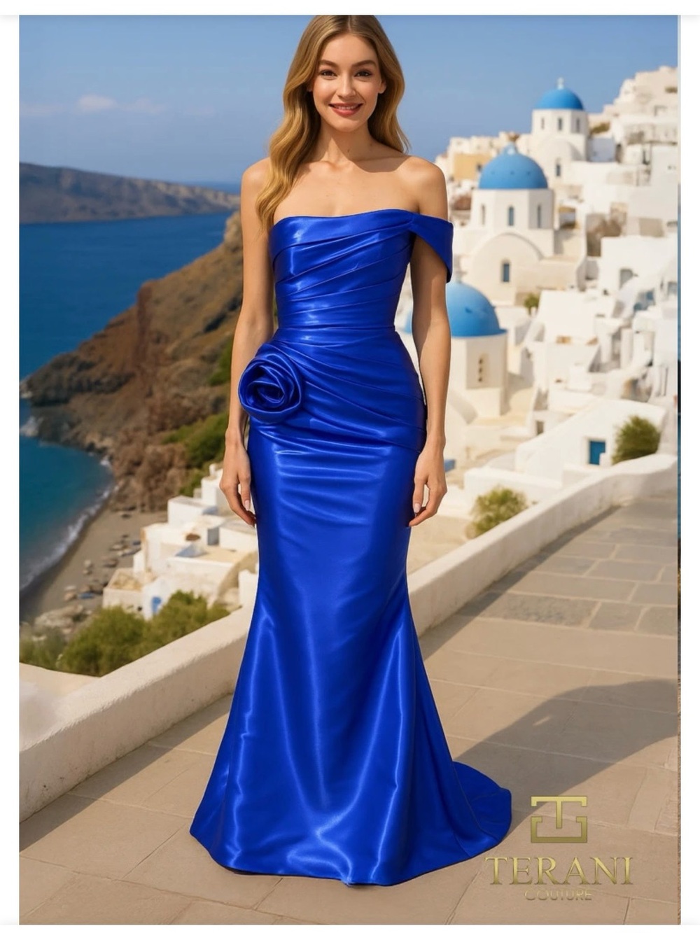 Terani Couture Royal Blue simmer Off-Shoulder Satin Evening Gown
